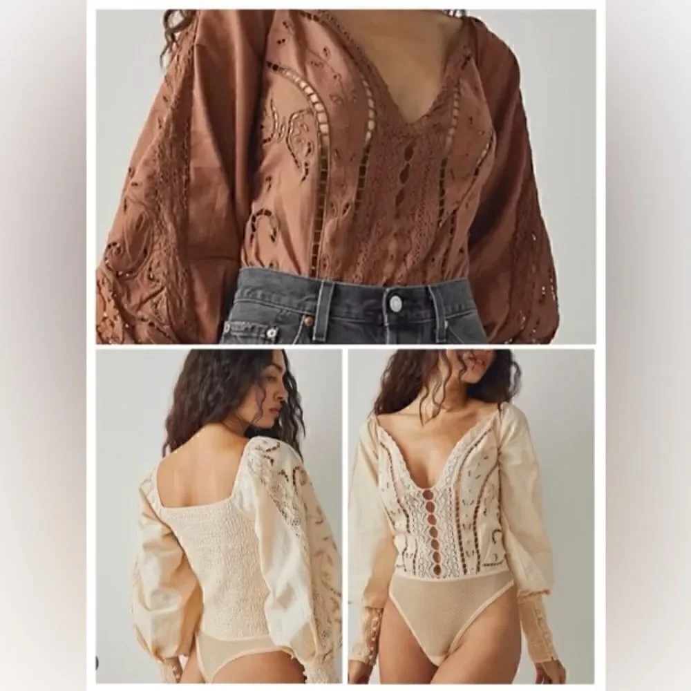 NWOT Free People Regina Bodysuit Top Thong Eyelet Balloon Sleeves Smocked Retro